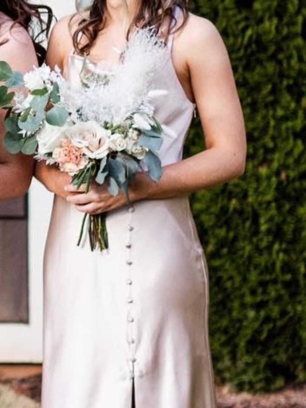 Revelry Champagne Satin Maxi Slip Dress with Button-Front